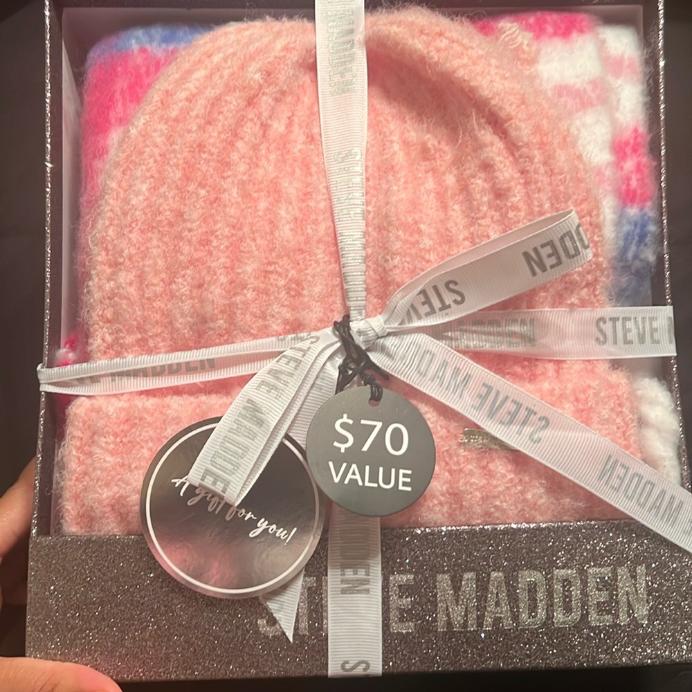 Steve Madden Winter Set Beanie and Scarf Pink, White, and Blue for Girls/Women